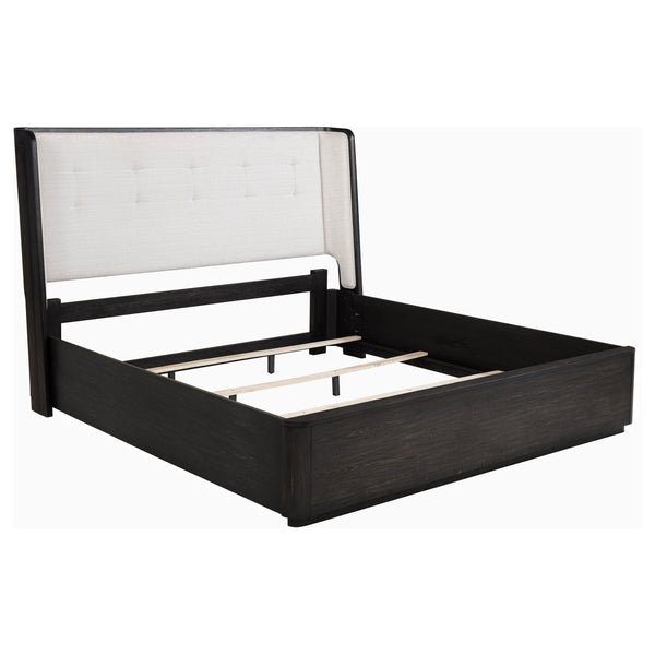 Coaster Leandro bed in burnished black finish with cream upholstered headboard