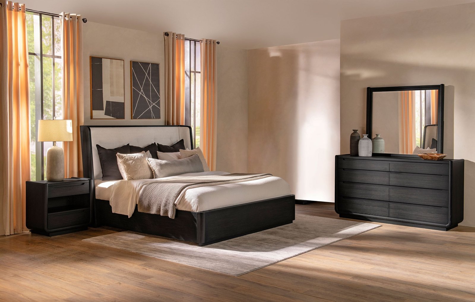 222491Q-S4_01xHD Coaster Fine Furniture Leandro Burnished Black Bedroom Set with Cream Upholstered Wingback Bed - Image 1