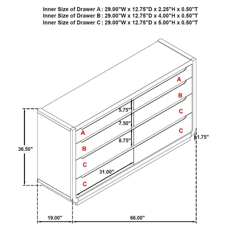 Coaster Leandro dresser dimension diagram
