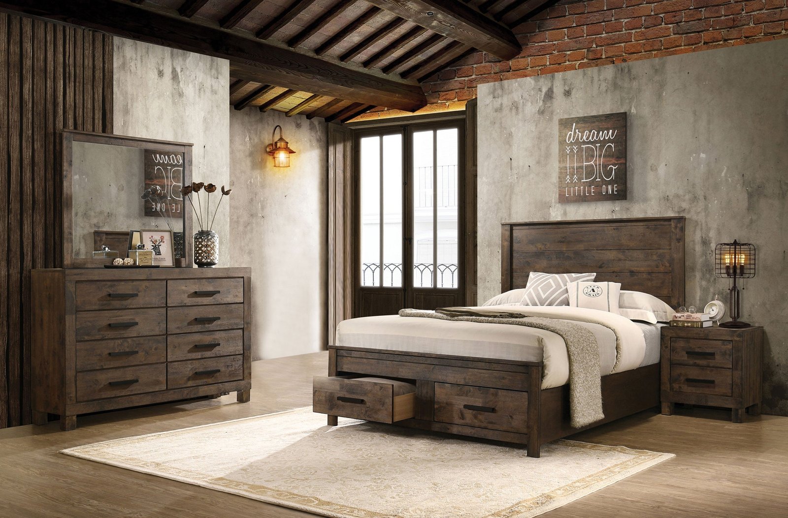 222631Q-S4_01xHD_42c5e4fb-7086-4d62-a039-d08d62c08ac8 Coaster Fine Furniture Woodmont Bedroom Set – Rustic Golden Brown Wire-Brushed Hardwood with Storage Drawers & Bar Handles - Image 1