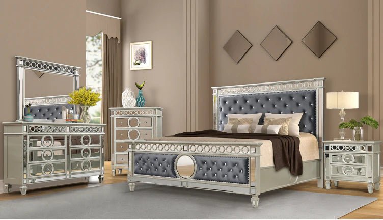 McFerran B1689 bedroom set: velvet tufted bed with champagne metallic frame and mirrored case goods