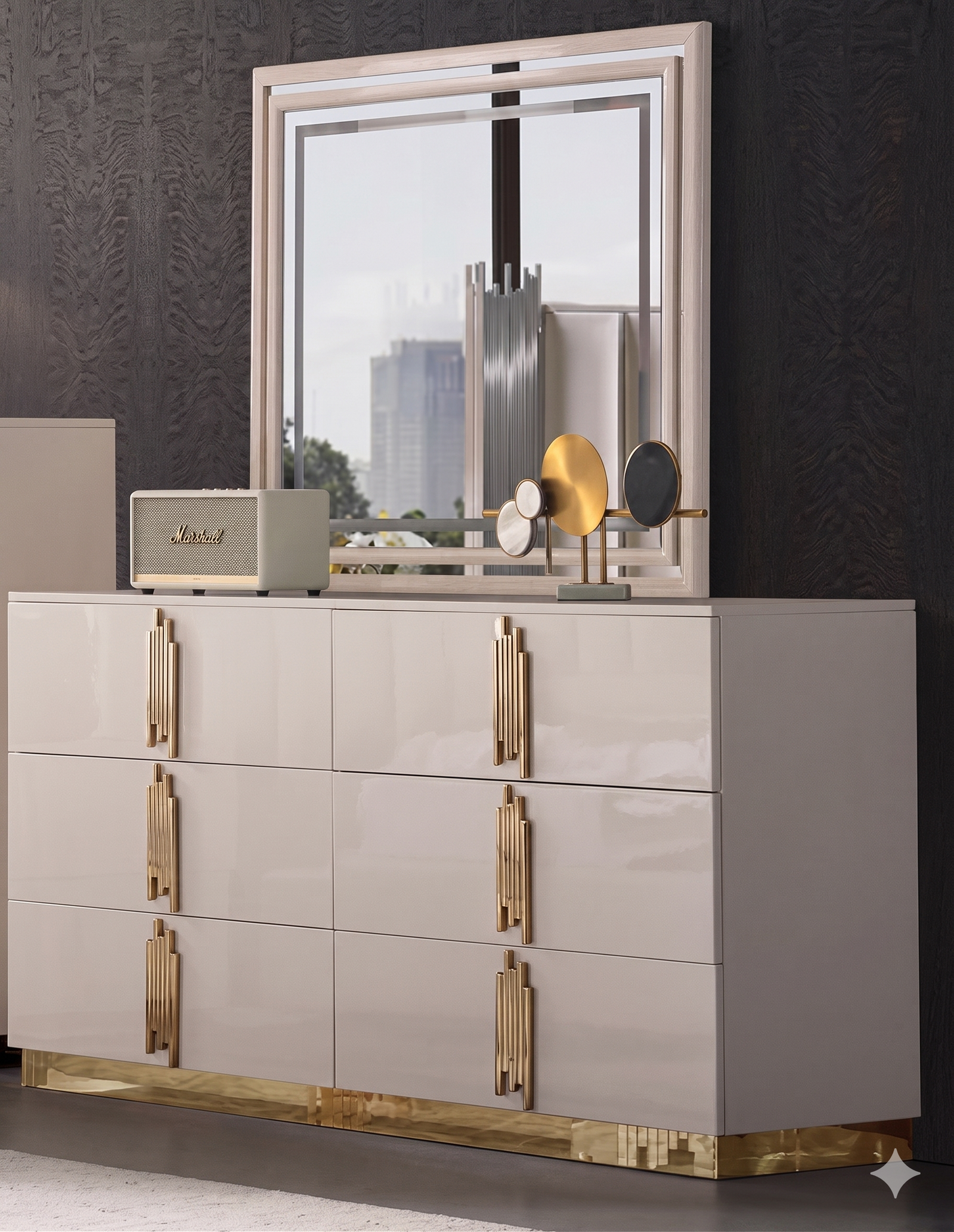McFerran B2001 dresser, High Gloss Finish with gold-tone vertical pulls and matching plinth base