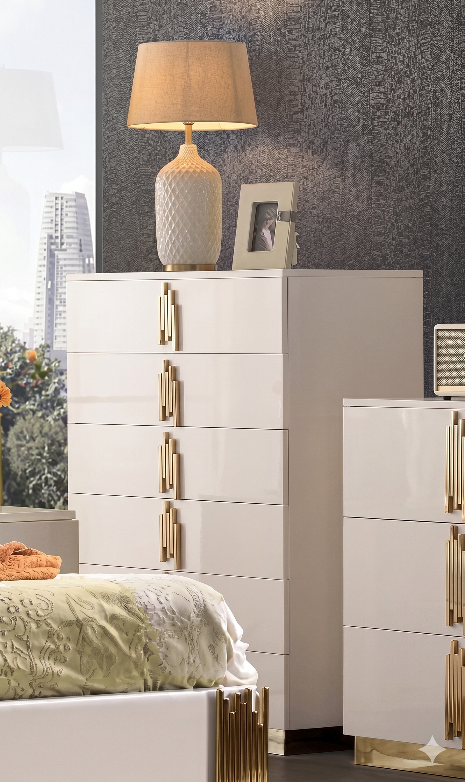 McFerran B2001 five-drawer chest, High Gloss Finish with gold-tone vertical pulls and plinth base