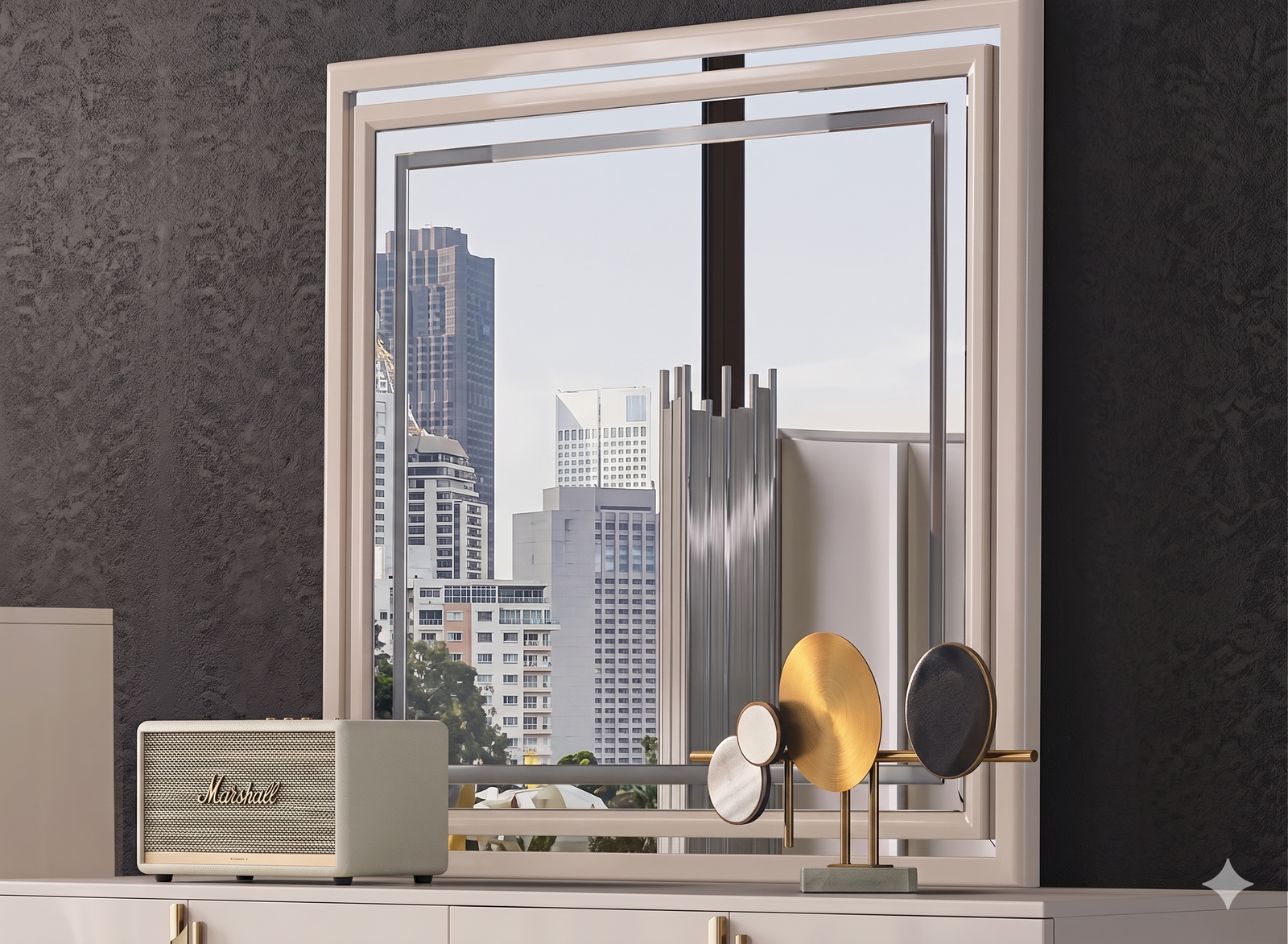 McFerran B2001 dresser mirror, High Gloss Finish frame with stepped profile and three-color touch lighting