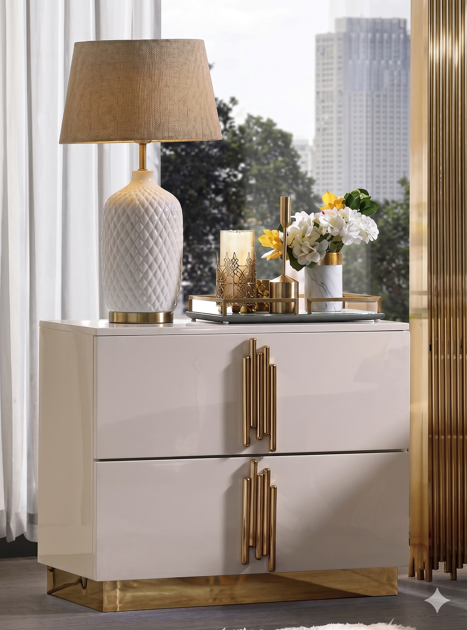 McFerran B2001 two-drawer nightstand, High Gloss Finish with gold-tone vertical bar pulls and plinth base