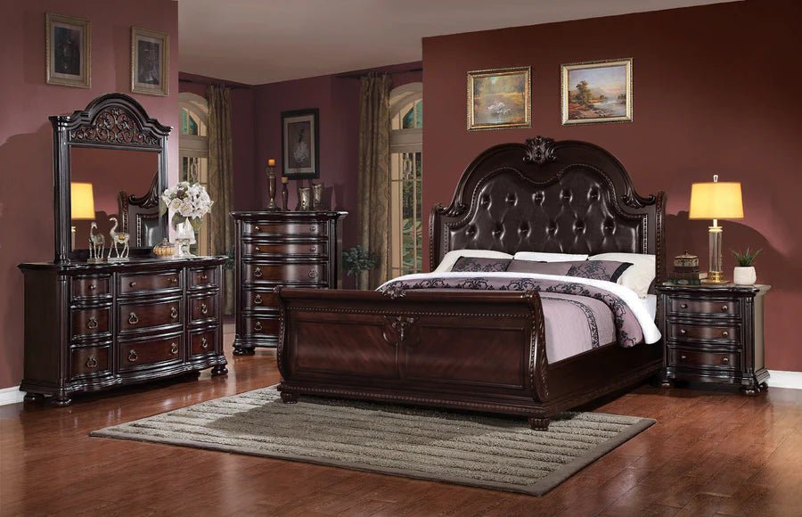 McFerran B367 bedroom set: bed with tall upholstered headboard and matching dark wood case goods