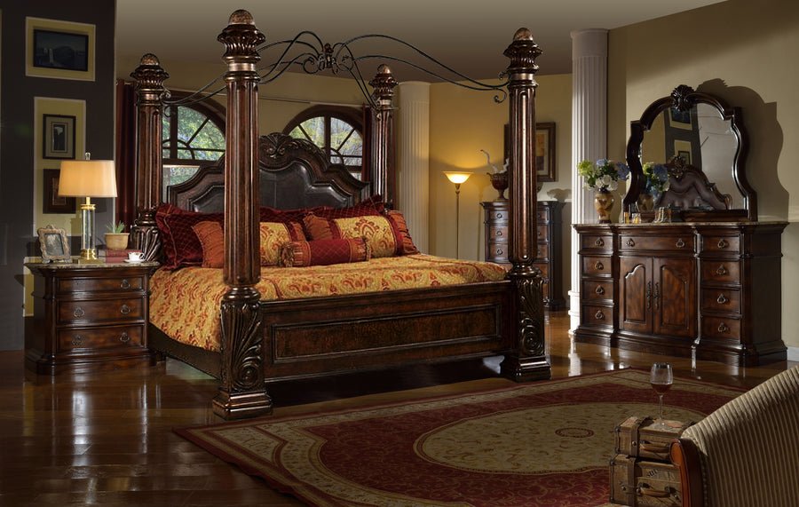 McFerran B6005 traditional bedroom suite with tall bed and coordinating case goods with marble tops