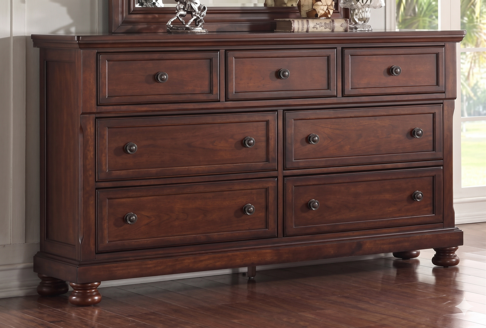 McFerran B608 dresser with recessed panel drawers, cherry wood finish