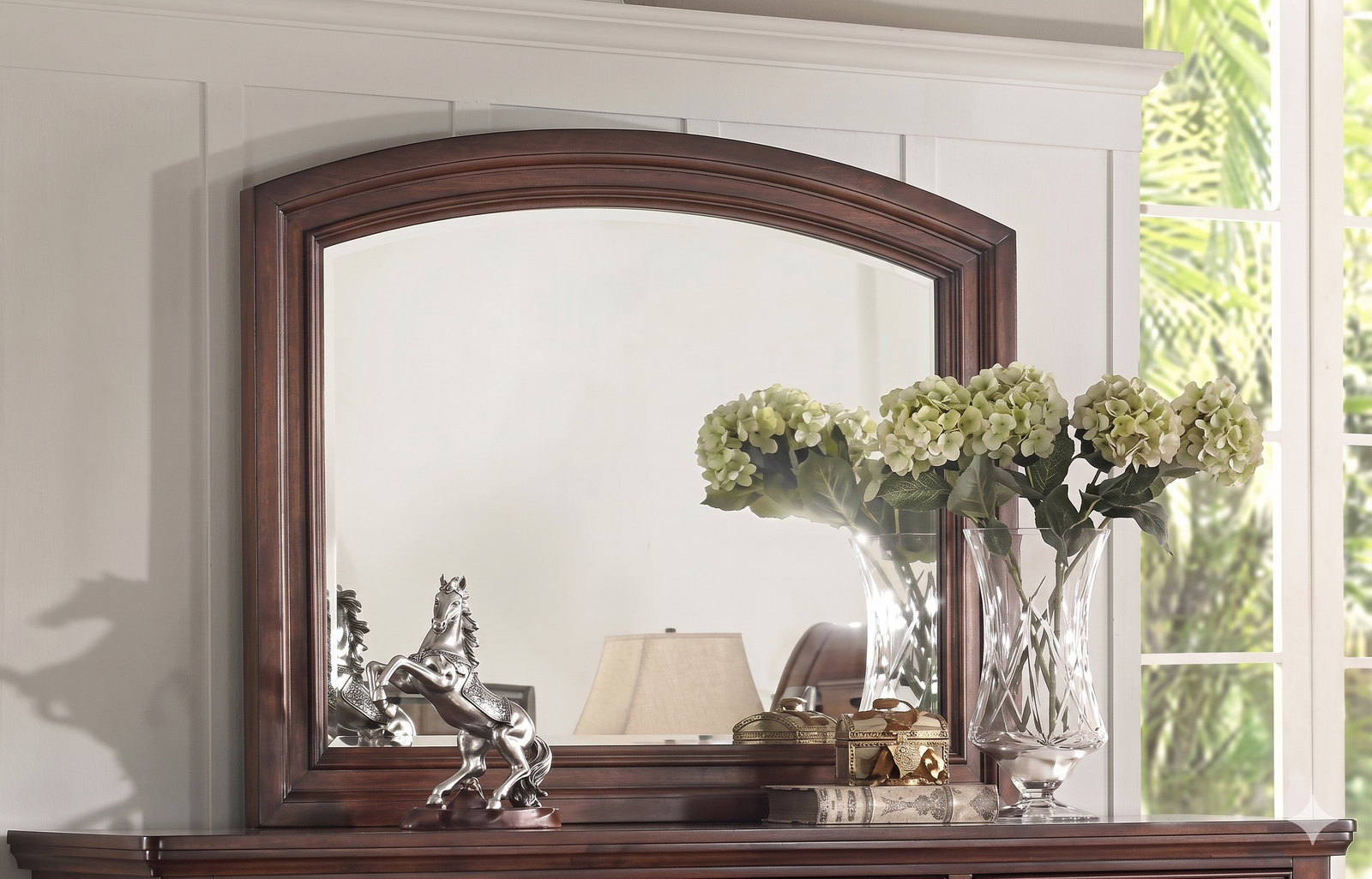 McFerran B608 dresser mirror with arched wood frame, cherry finish