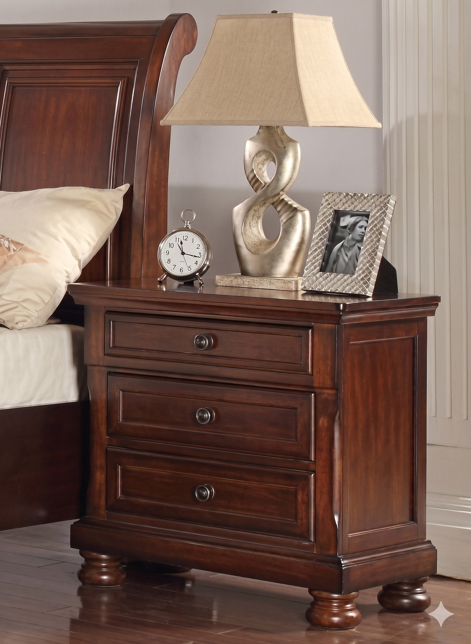 McFerran B608 nightstand with three drawers, cherry wood finish