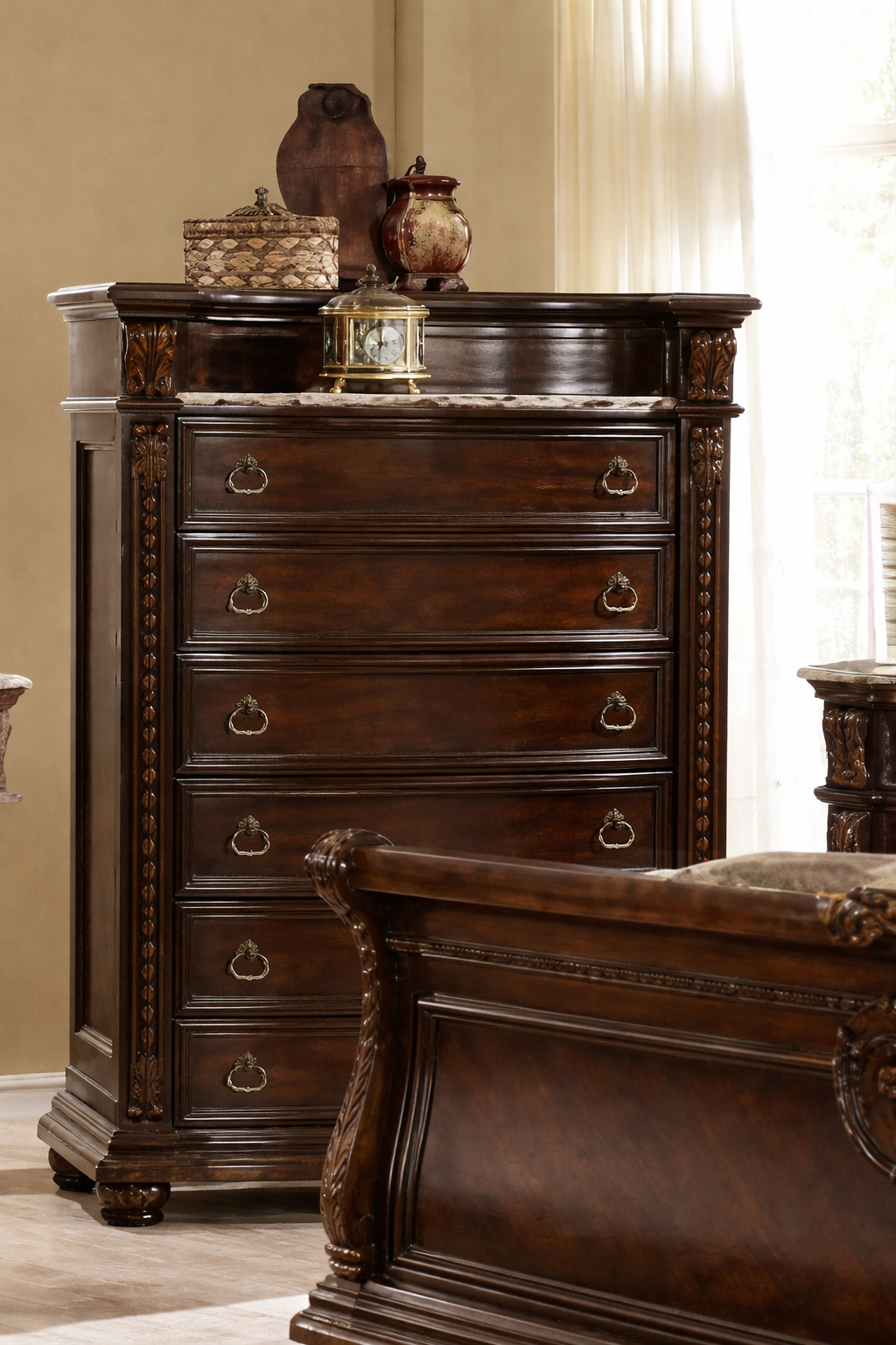 McFerran B9500 tall chest with marble gallery top, six drawers, and carved pilasters