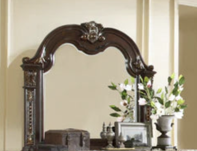 McFerran B9500 arched dresser mirror with carved shell crest and dark wood frame