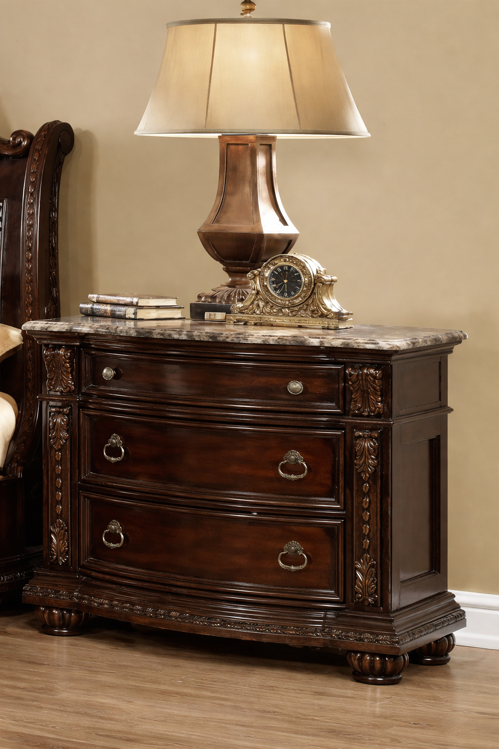McFerran B9500 nightstand with marble top, three drawers, and carved dark wood details