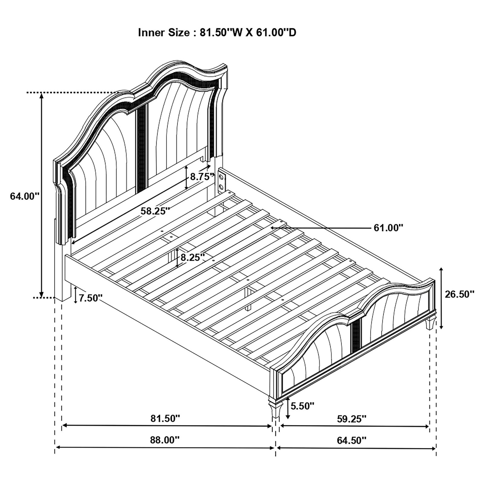 Evangeline Queen bed dimension diagram