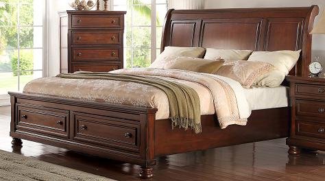 McFerran B608 bedroom: cherry sleigh bed with tufted panels and storage footboard