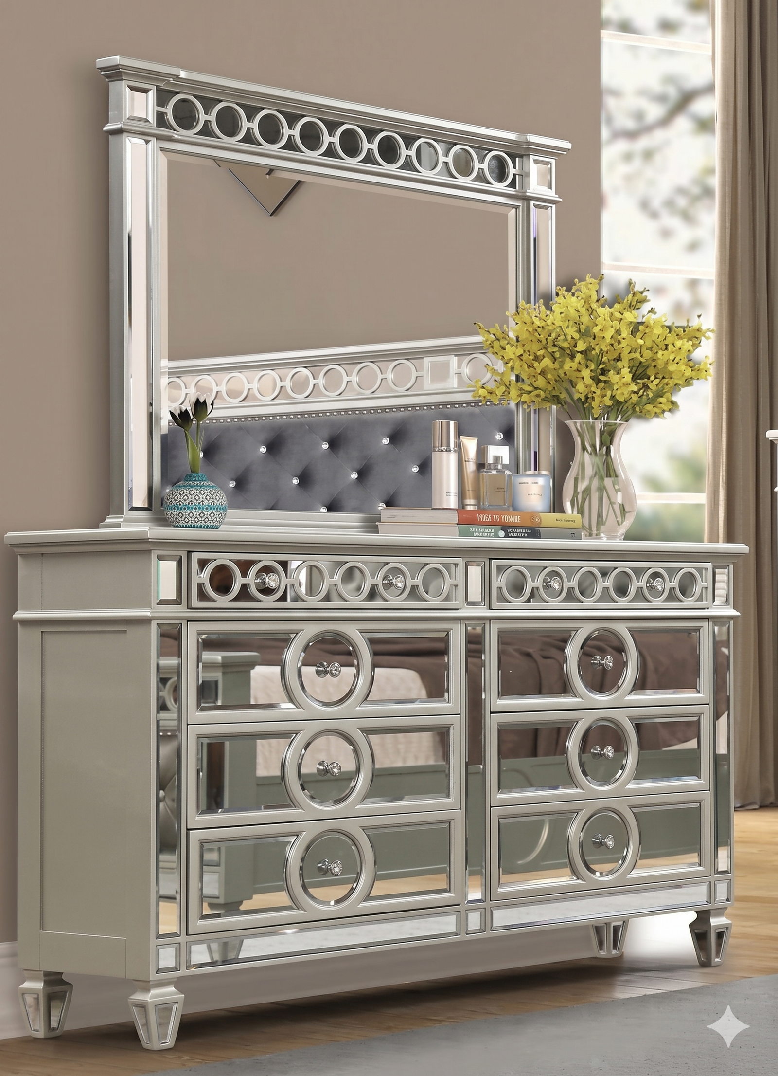 McFerran B1689 dresser with mirrored drawers and circular accent hardware
