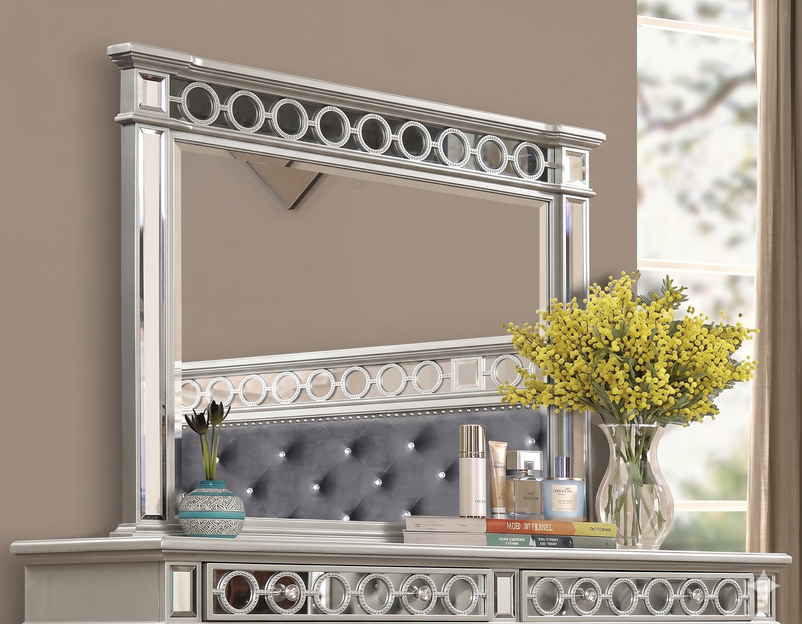 McFerran B1689 dresser mirror with metallic frame and circular fretwork detail