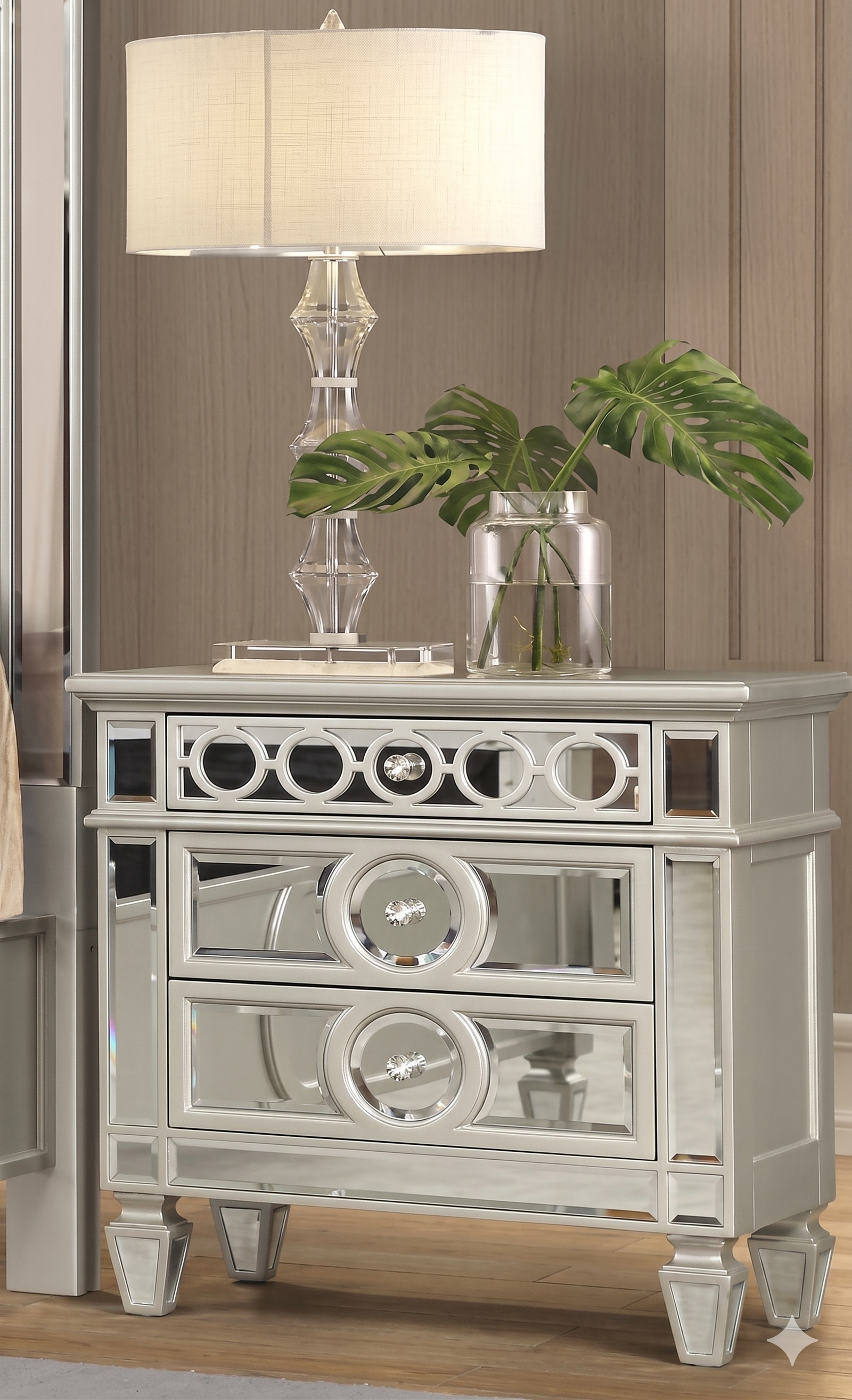McFerran B1689 nightstand with mirrored drawer fronts and champagne metallic finish