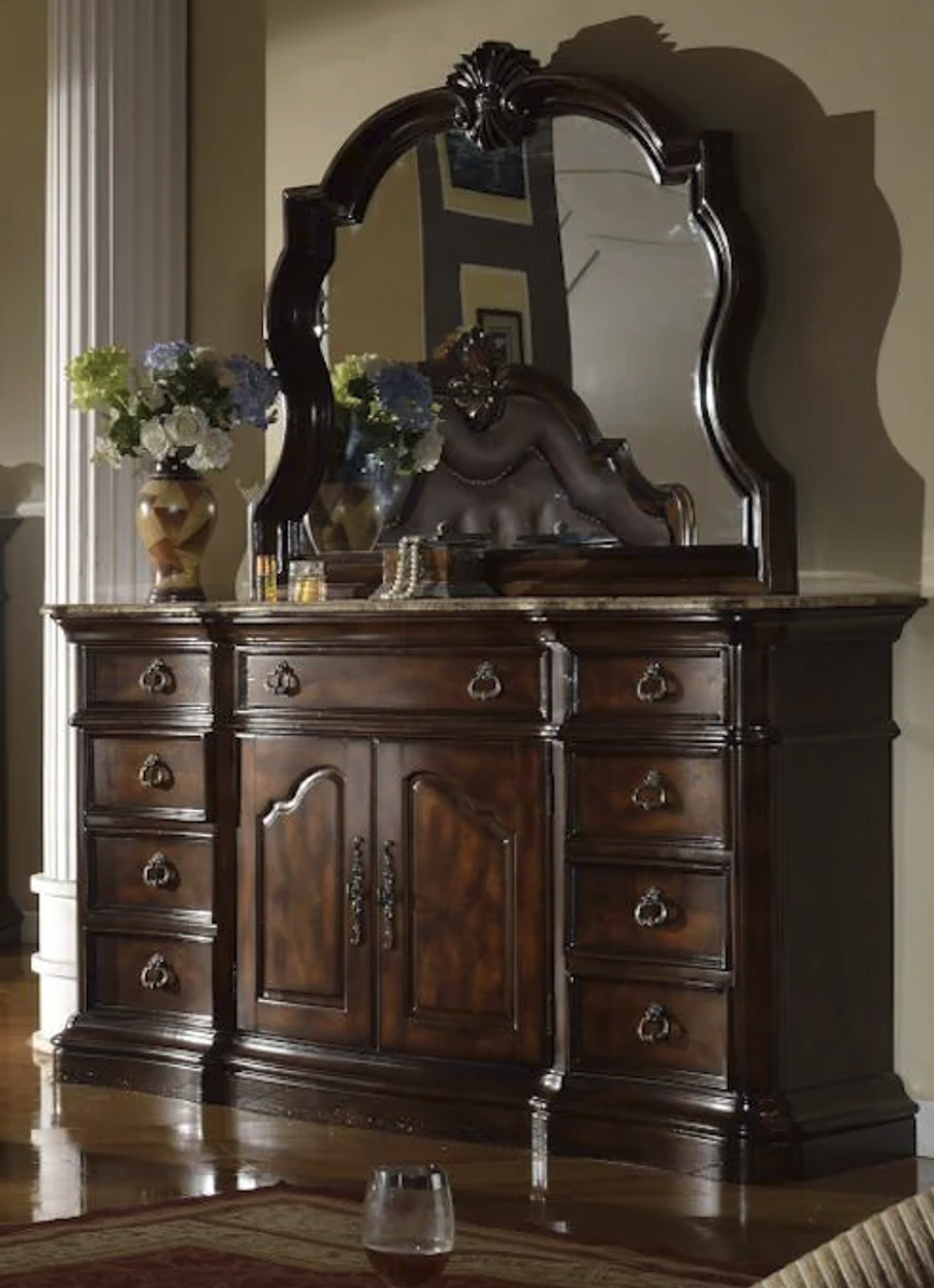 McFerran B6002-D dresser with marble top, cabinet center, and matching B6002-M mirror