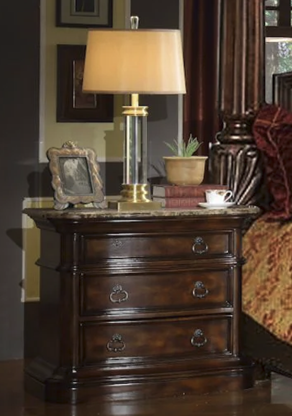 McFerran B6002-N three-drawer nightstand with marble top, ring pulls, and dark traditional wood finish