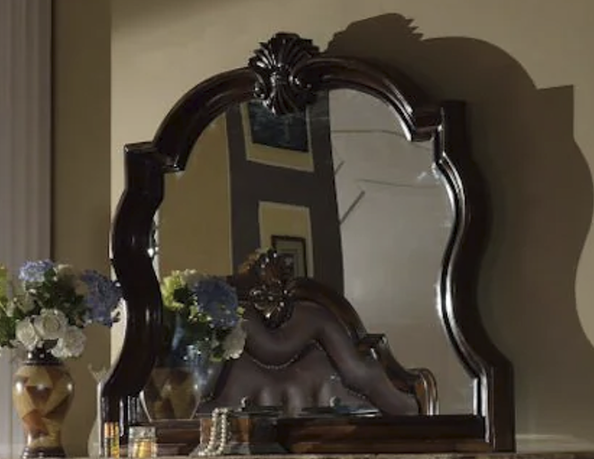 McFerran B6002-M arched dresser mirror with carved crest and dark wood frame