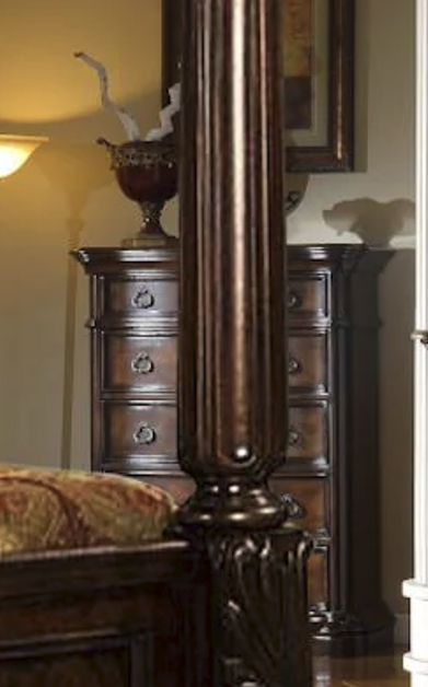 McFerran B6002-C tall chest with ring pulls, fluted corners, and traditional dark wood finish