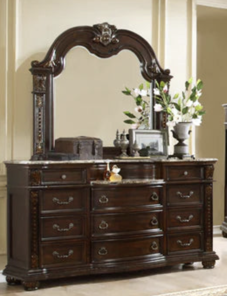 McFerran B9500 dresser with marble top, multiple drawers, and traditional carved pilasters