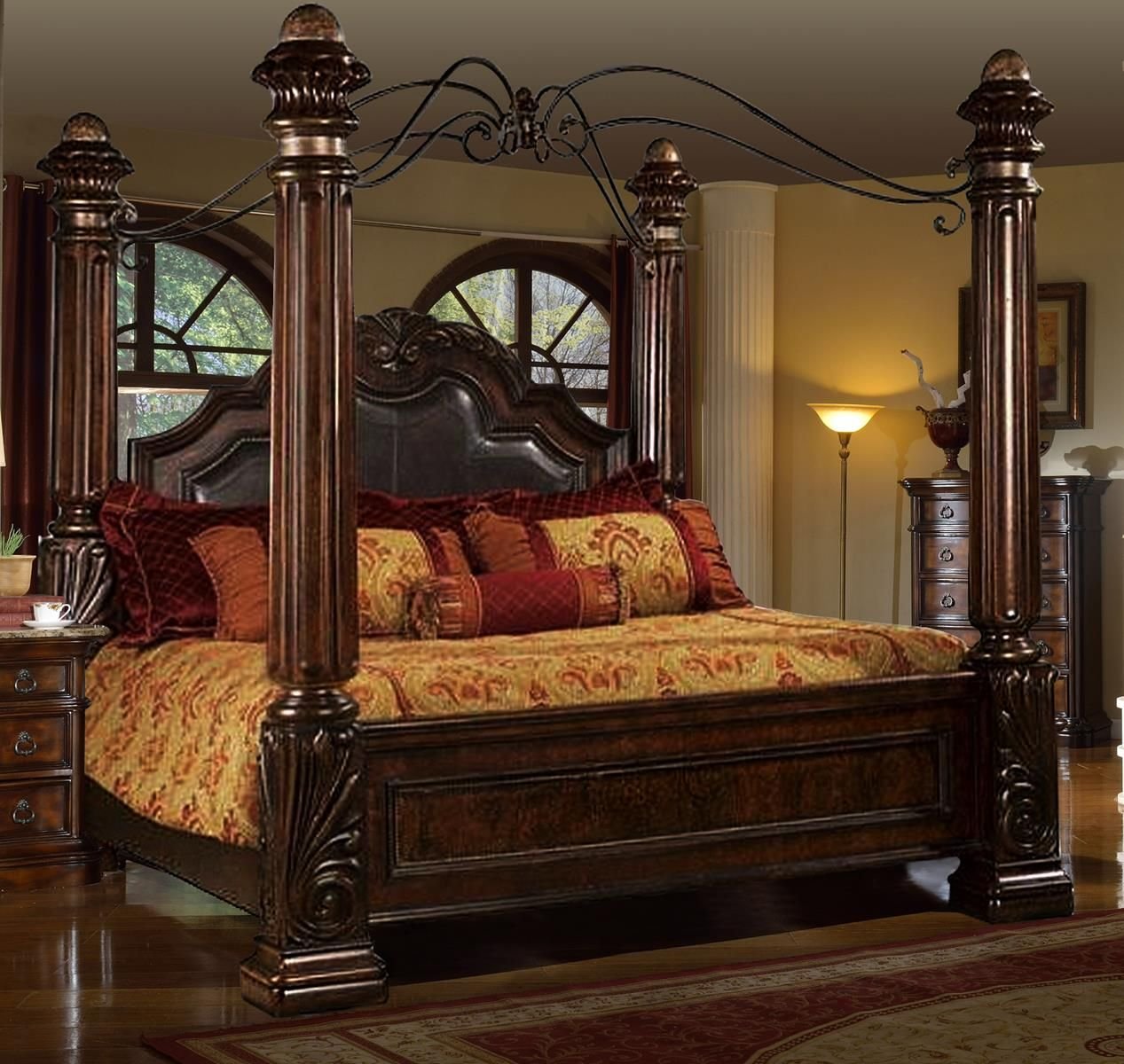 b6003-bed_1267x1200_2_sb9cdymkgtygg4fy McFerran Home Furnishings B6005 Canopy Bedroom Set – Traditional Carved Solid Wood in Rich Brown Finish - Image 1