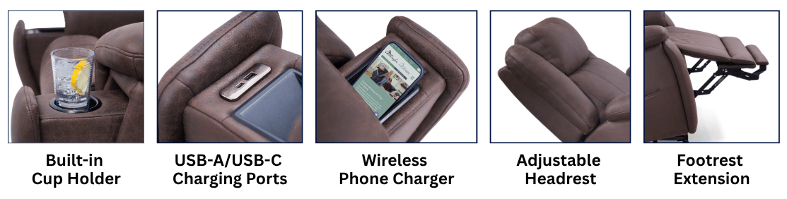 Aspen standard features: built-in cup holder, USB-A/USB-C charging ports, wireless phone charger, adjustable headrest, and footrest extension